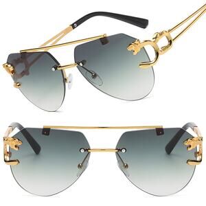 Panther Head Accents Luxe Edge Gray Lens Mens Womens Gold Square Sunglasses